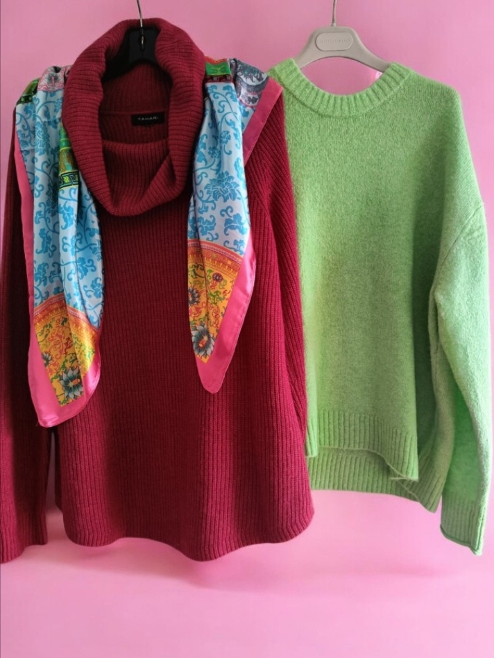 Tahari Burgundy Cowl Neck Sweater with Pink-Trim Scarf